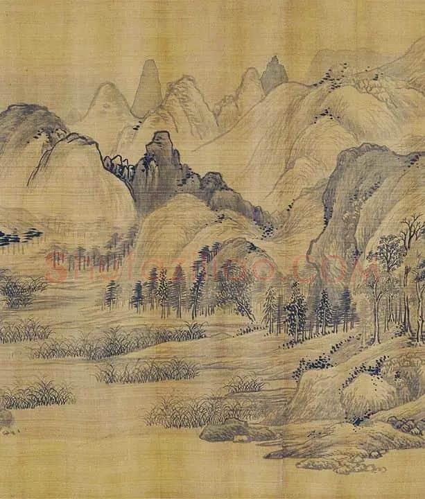 传巨然秋景山水画《秋山渔艇图》卷_11