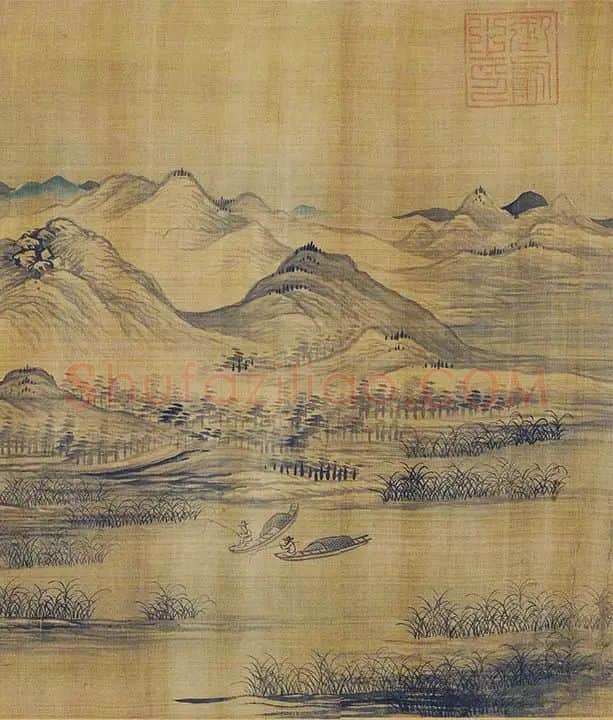 传巨然秋景山水画《秋山渔艇图》卷_15