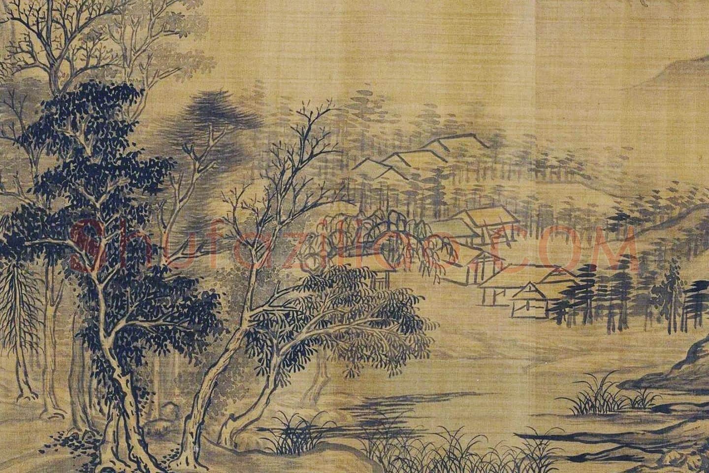 传巨然秋景山水画《秋山渔艇图》局部 (3)