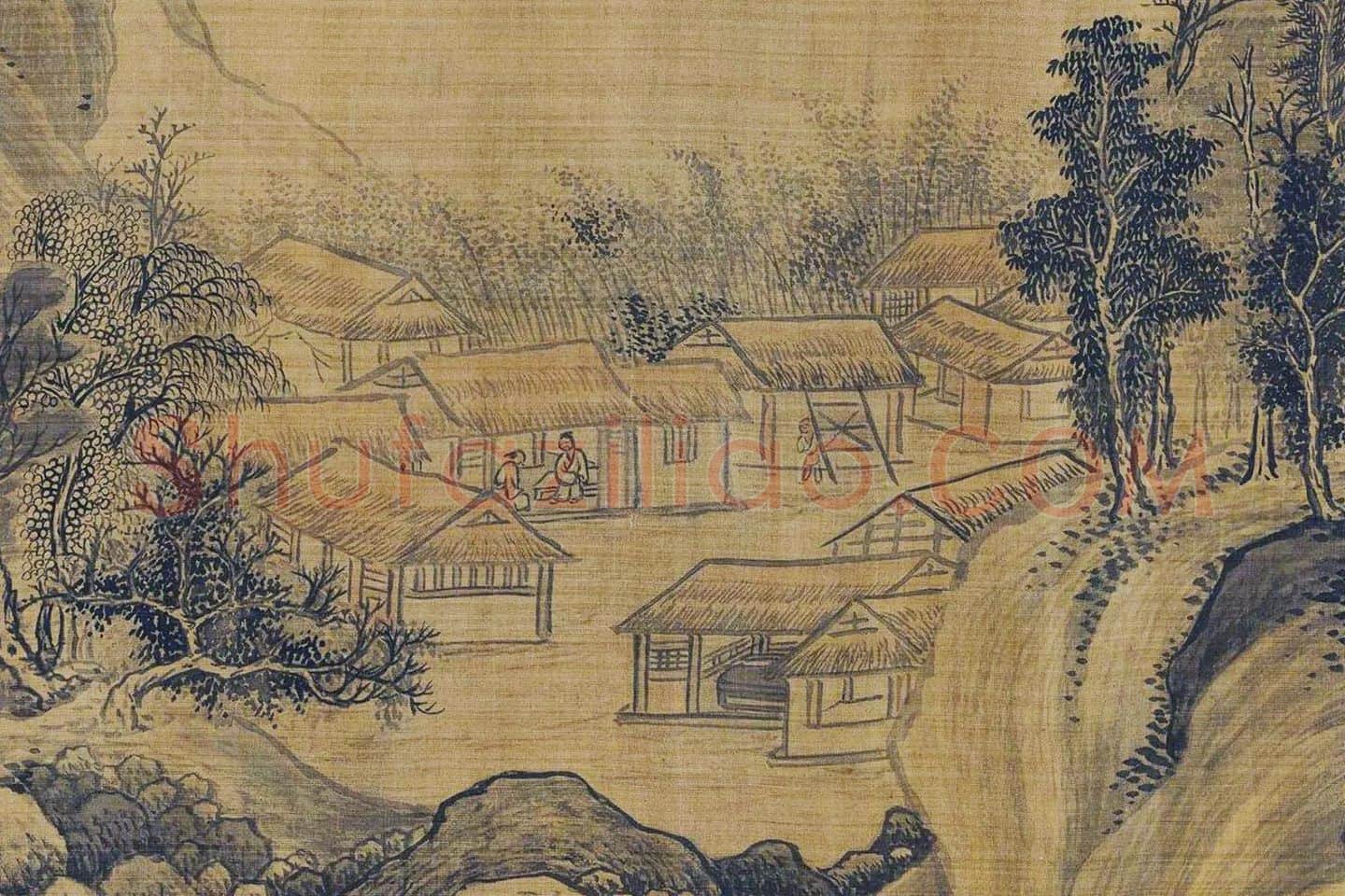 传巨然秋景山水画《秋山渔艇图》局部 (4)