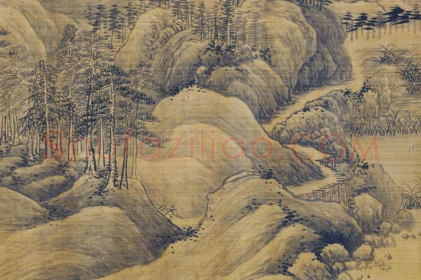 传巨然秋景山水画《秋山渔艇图》局部 (6)