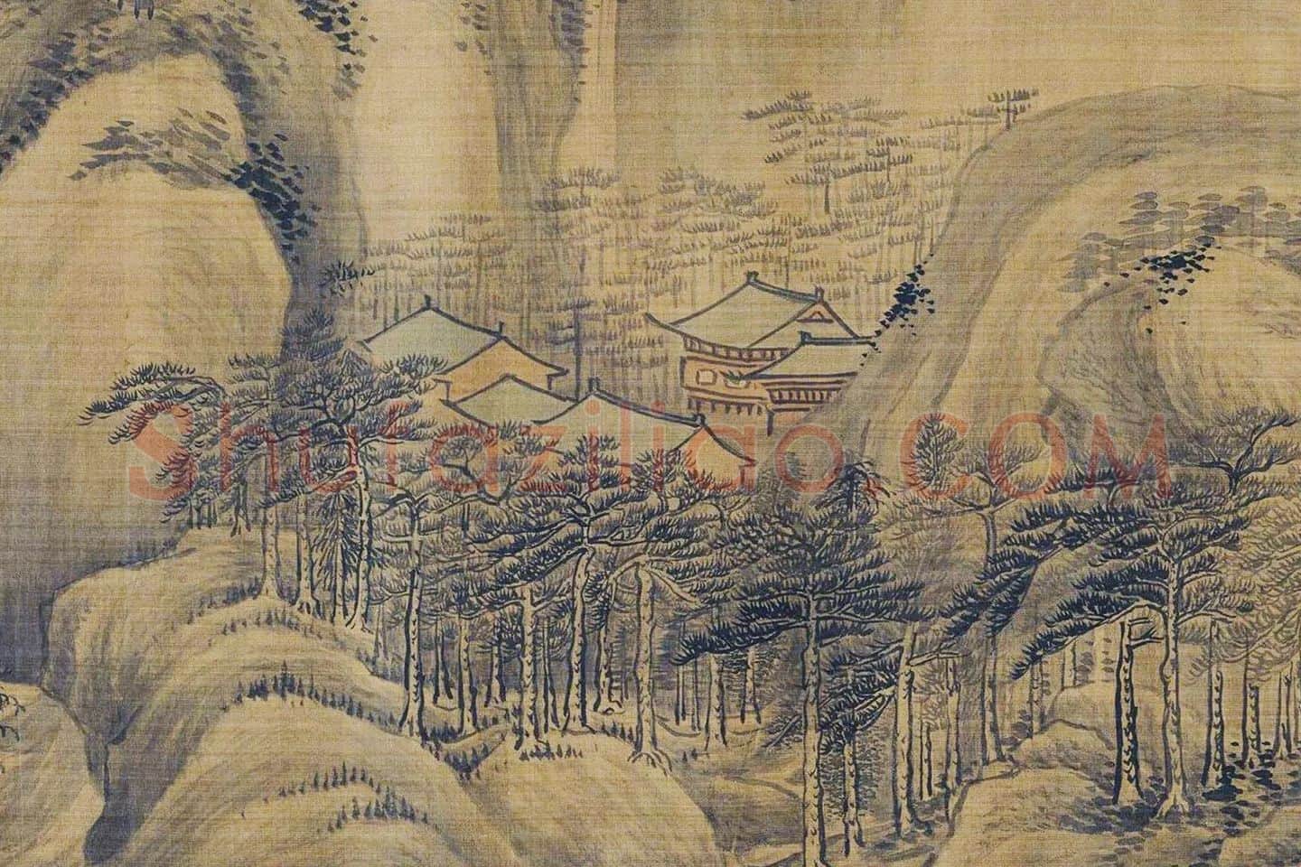 传巨然秋景山水画《秋山渔艇图》局部 (7)