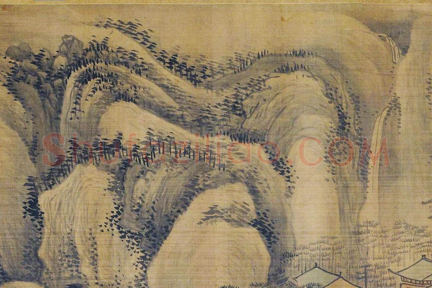 传巨然秋景山水画《秋山渔艇图》局部 (8)