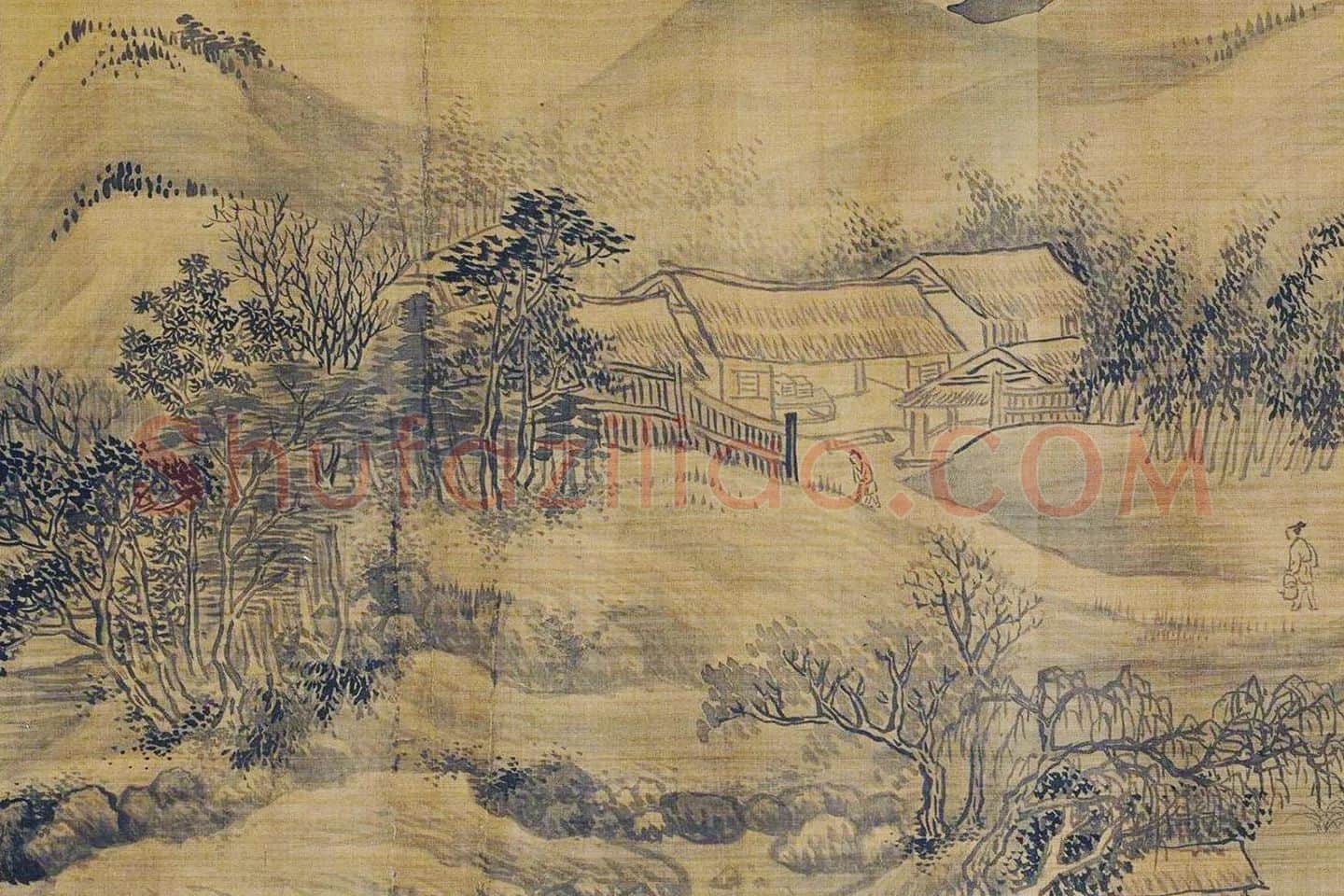 传巨然秋景山水画《秋山渔艇图》局部 (10)
