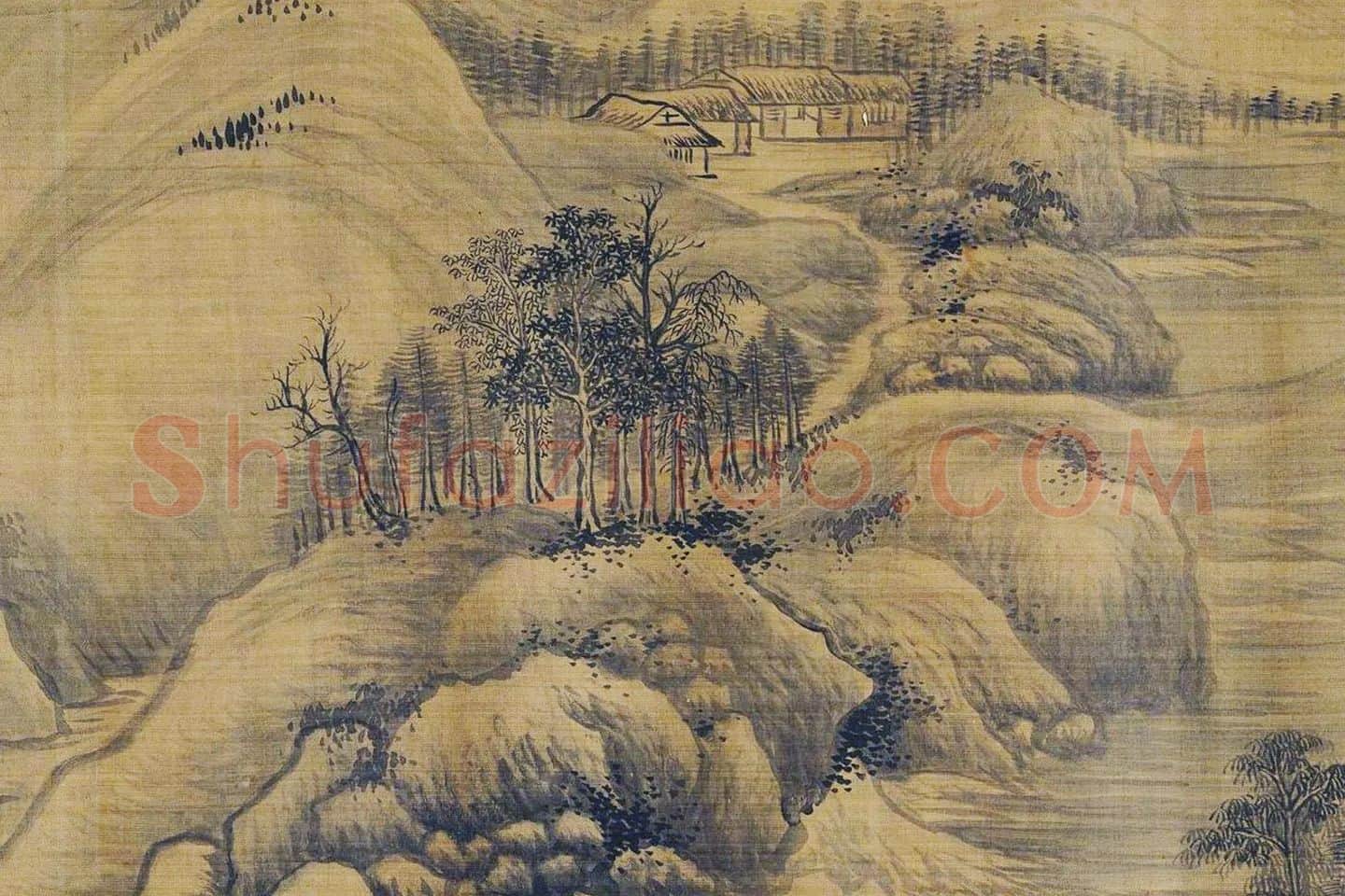 传巨然秋景山水画《秋山渔艇图》局部 (11)