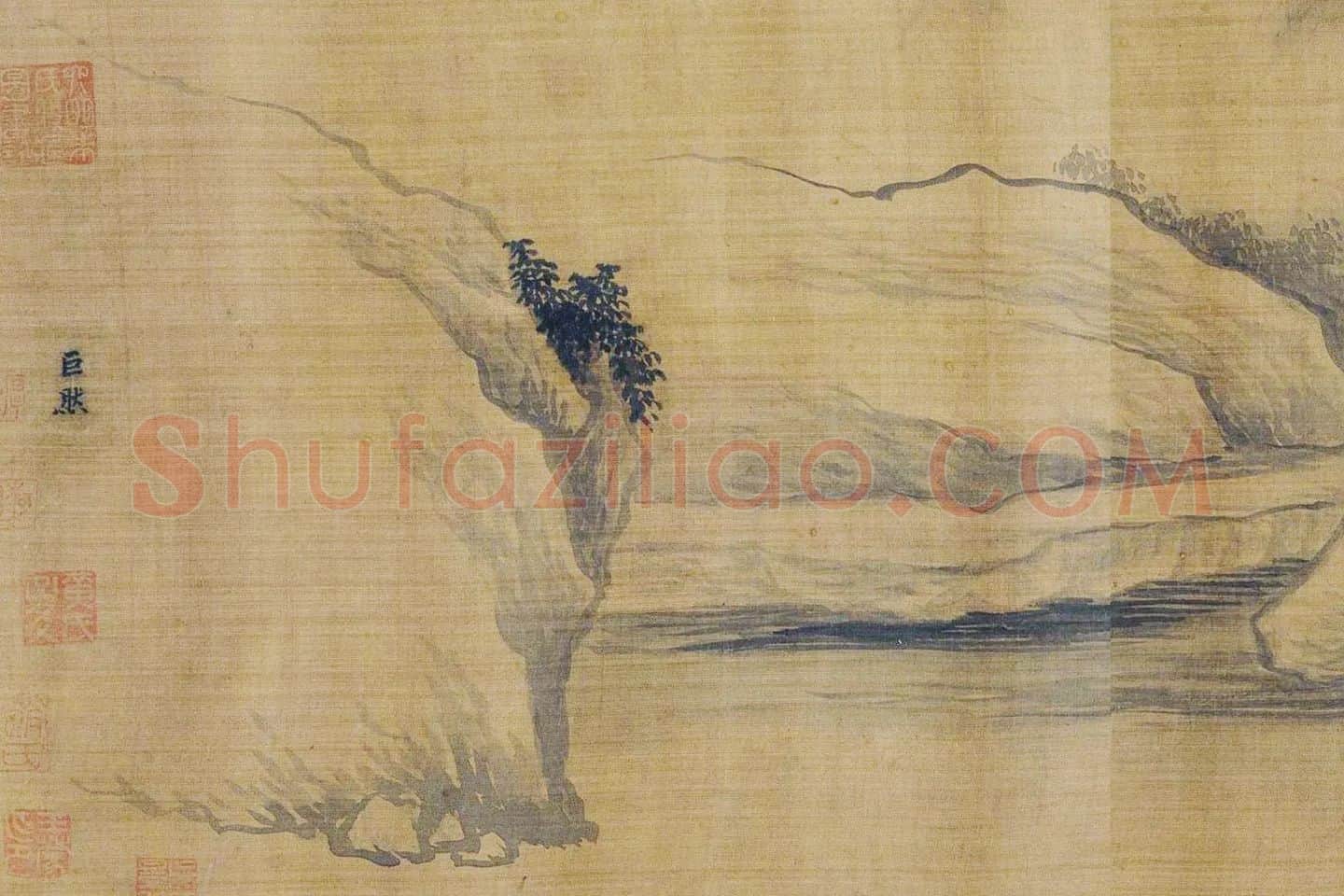 传巨然秋景山水画《秋山渔艇图》局部 (12)