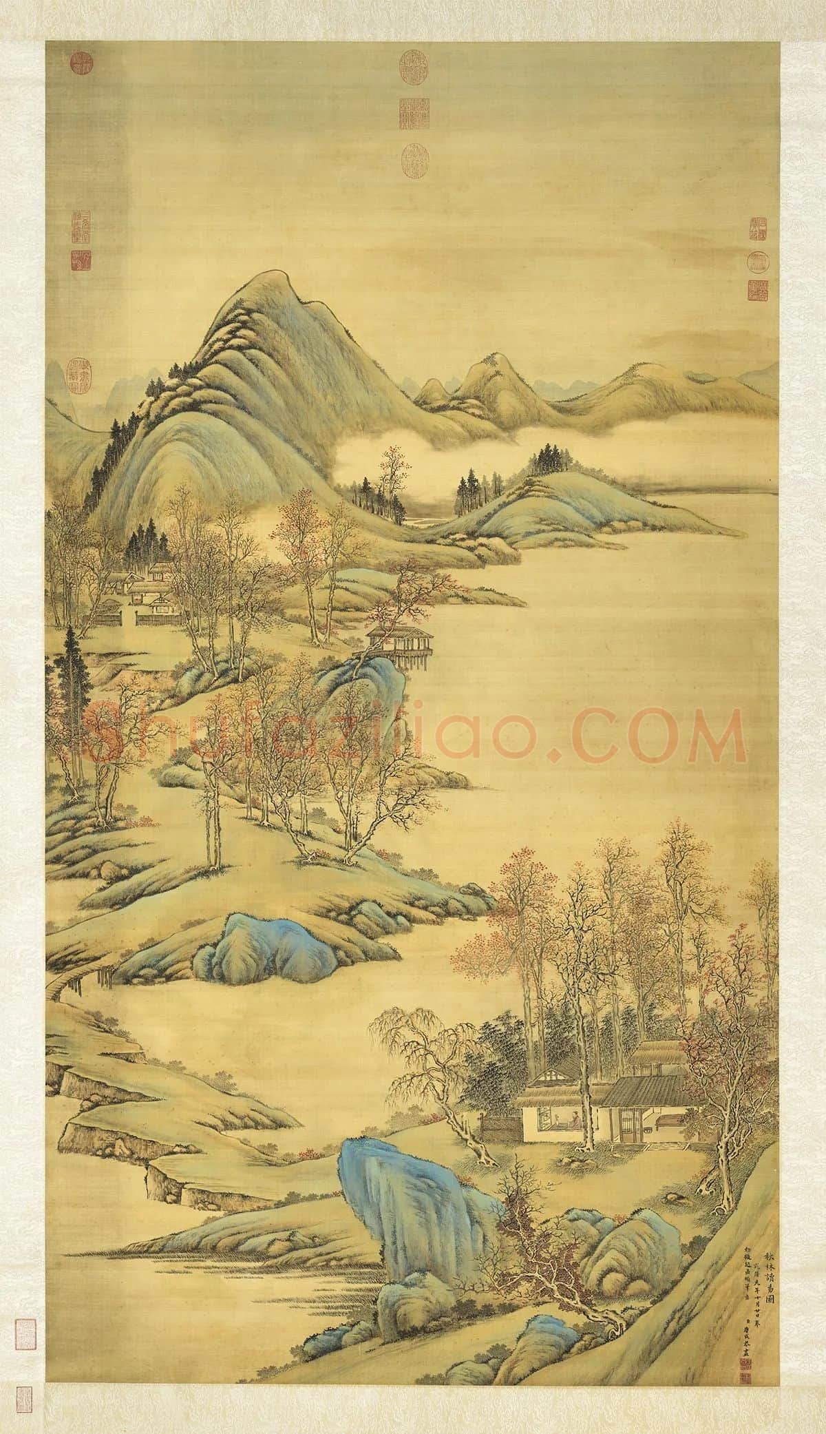 唐岱青绿山水画《秋林读易图》