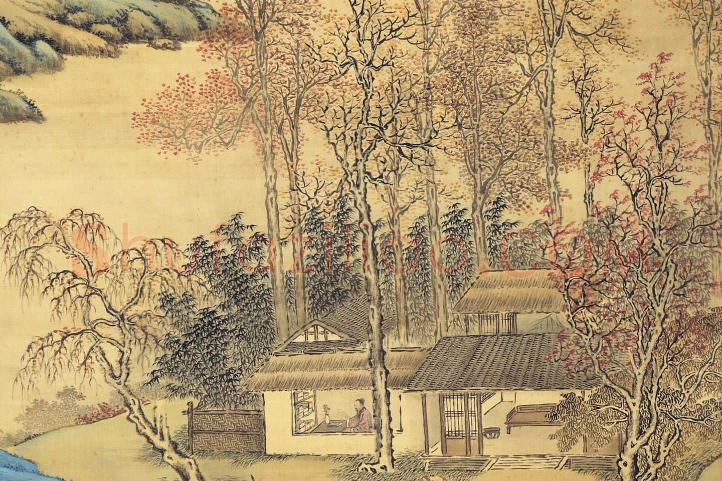 唐岱青绿山水画《秋林读易图》局部-02
