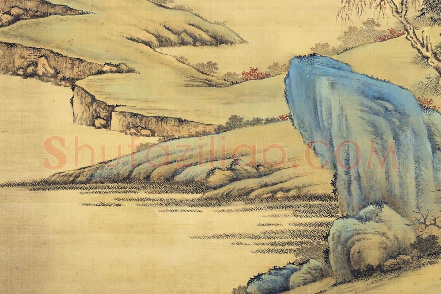 唐岱青绿山水画《秋林读易图》局部-03
