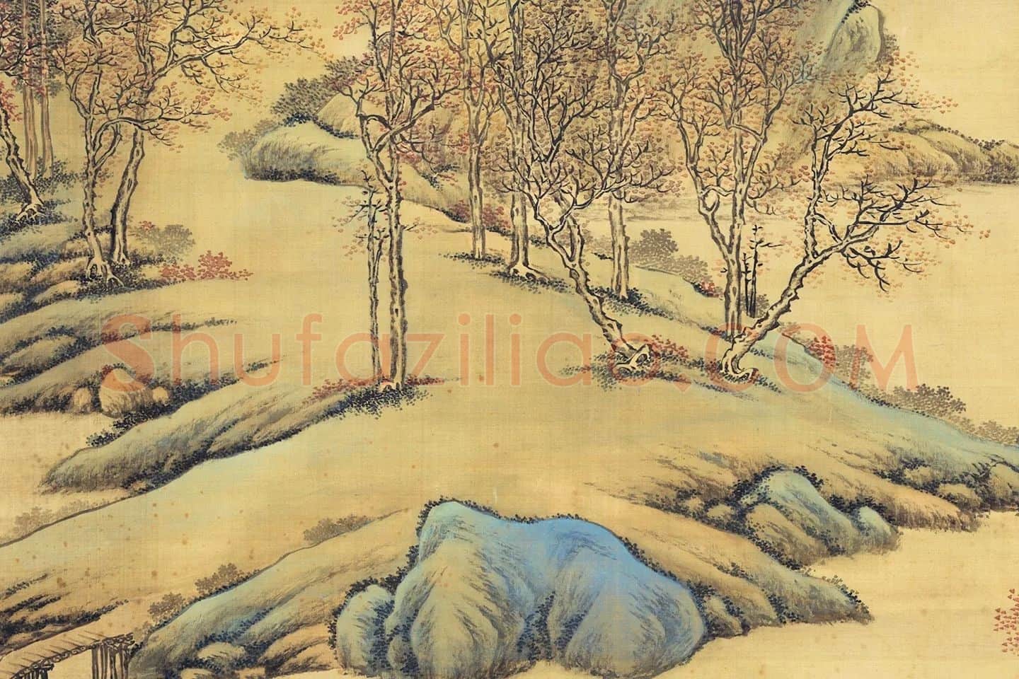唐岱青绿山水画《秋林读易图》局部-04