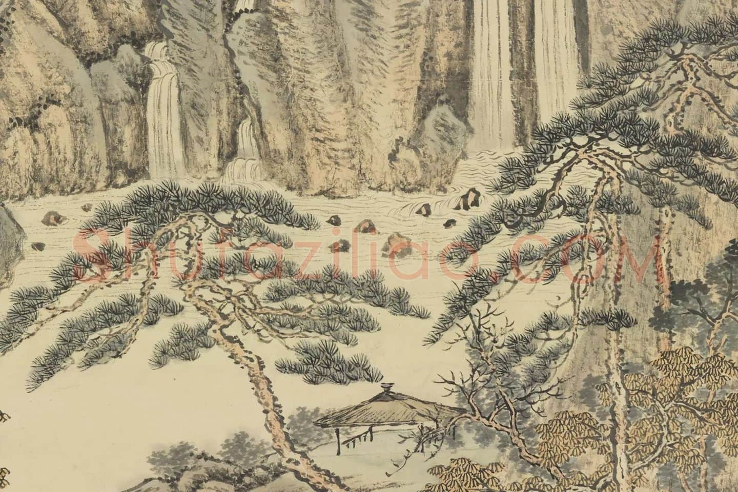 唐岱山水画《仿范宽秋山瀑布》局部 (3)