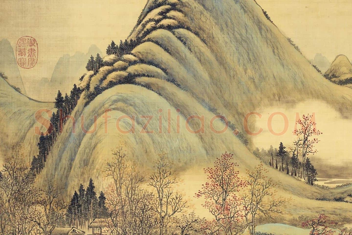 唐岱青绿山水画《秋林读易图》局部-07