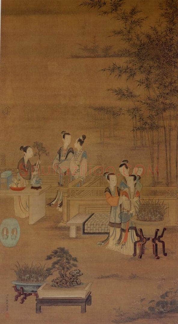 清 丁观鹏 《宫妃话龙图》 书画作品