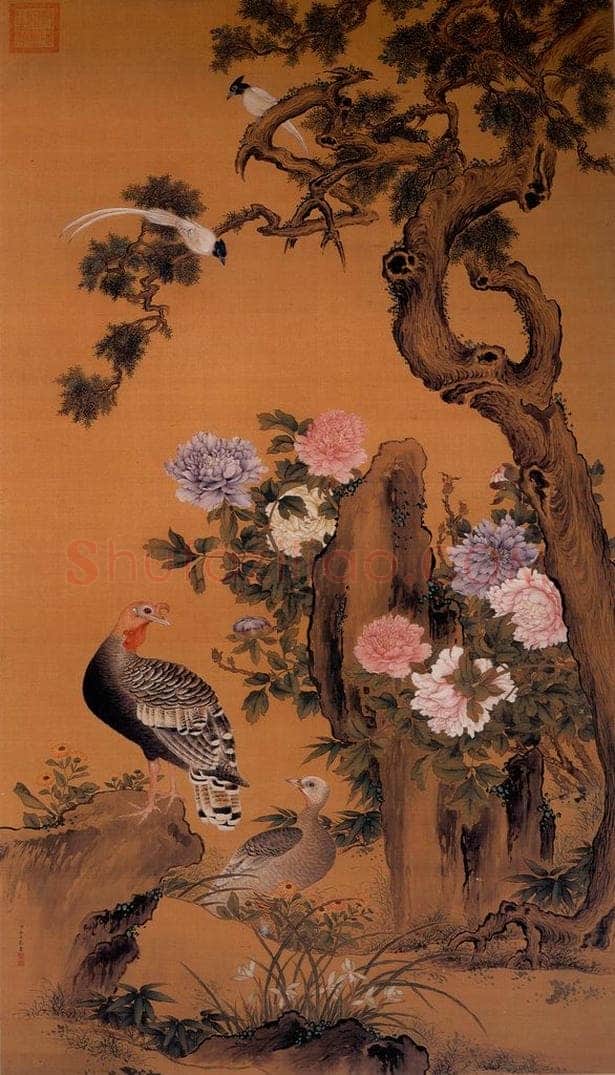 清 余省 《牡丹双绶图》 书画作品