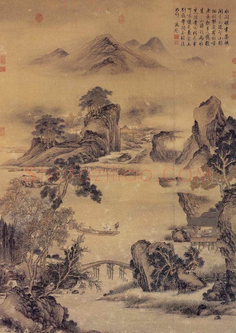 清 金廷标 《扁舟载鹤图》 书画作品