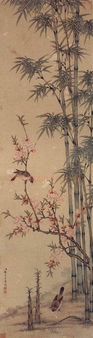 清 杨大章 《桃竹双雀图》 书画作品