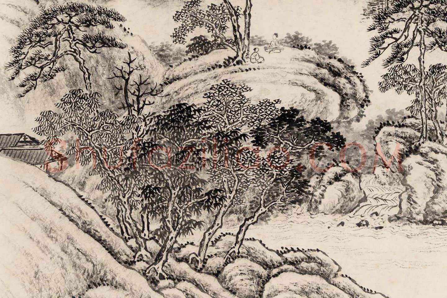 唐岱水墨山水画《松阴抚琴图》局部 (1)
