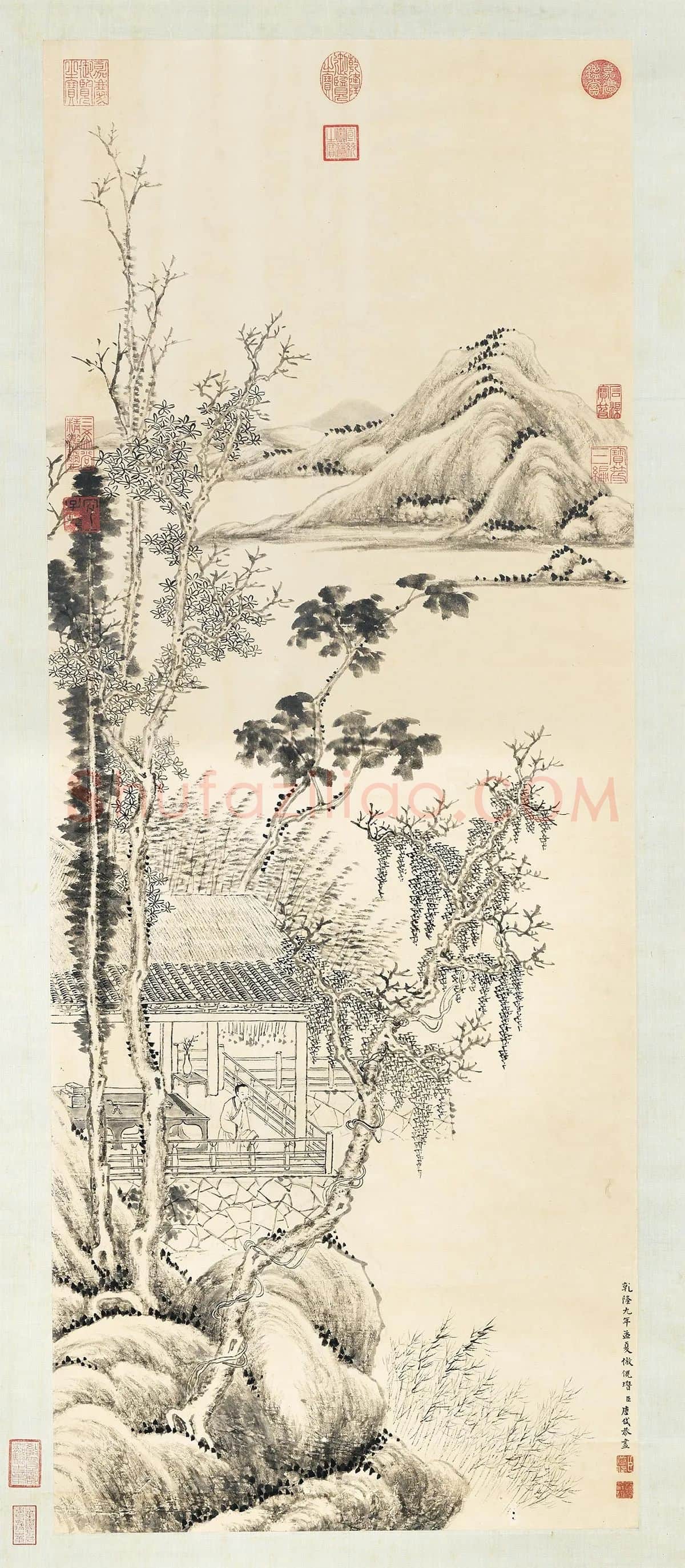 唐岱《仿倪瓒清閟阁图》水墨山水人物画