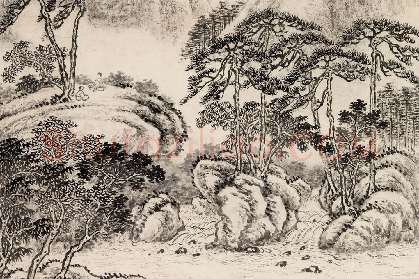 唐岱水墨山水画《松阴抚琴图》局部 (2)