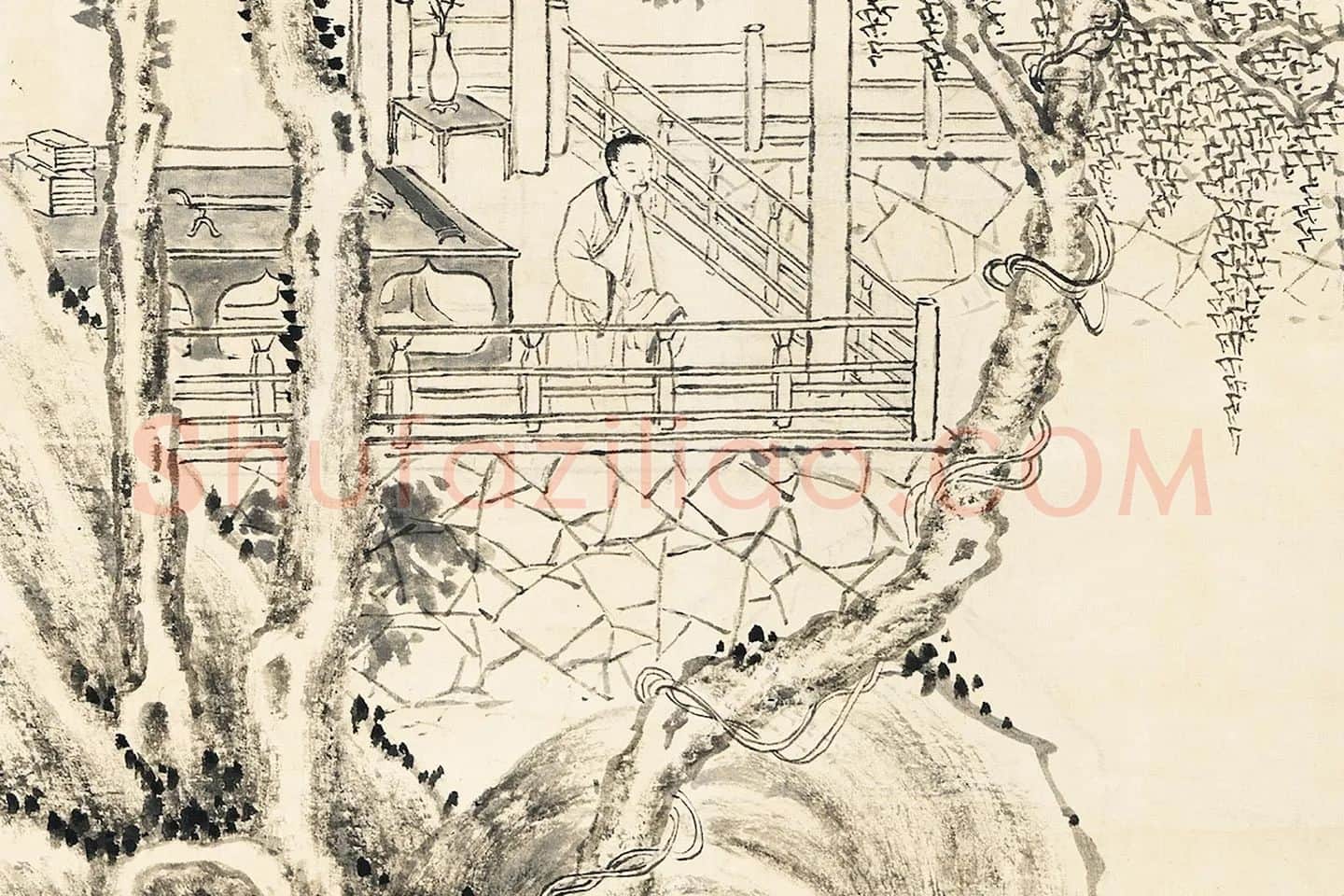 唐岱《仿倪瓒清閟阁图》水墨山水局部 (2)