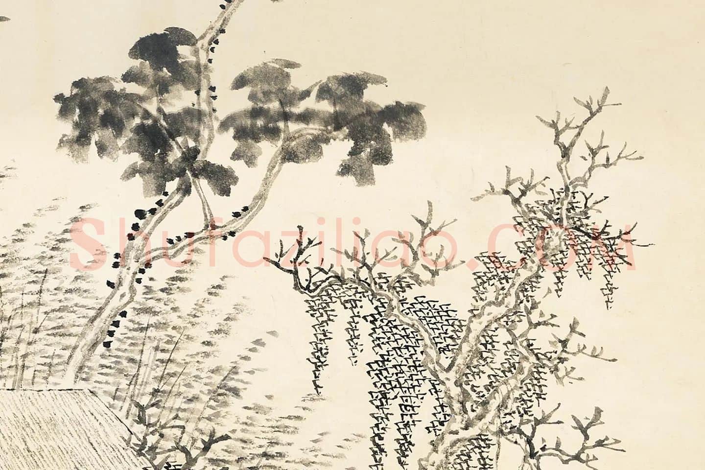 唐岱《仿倪瓒清閟阁图》水墨山水局部 (4)