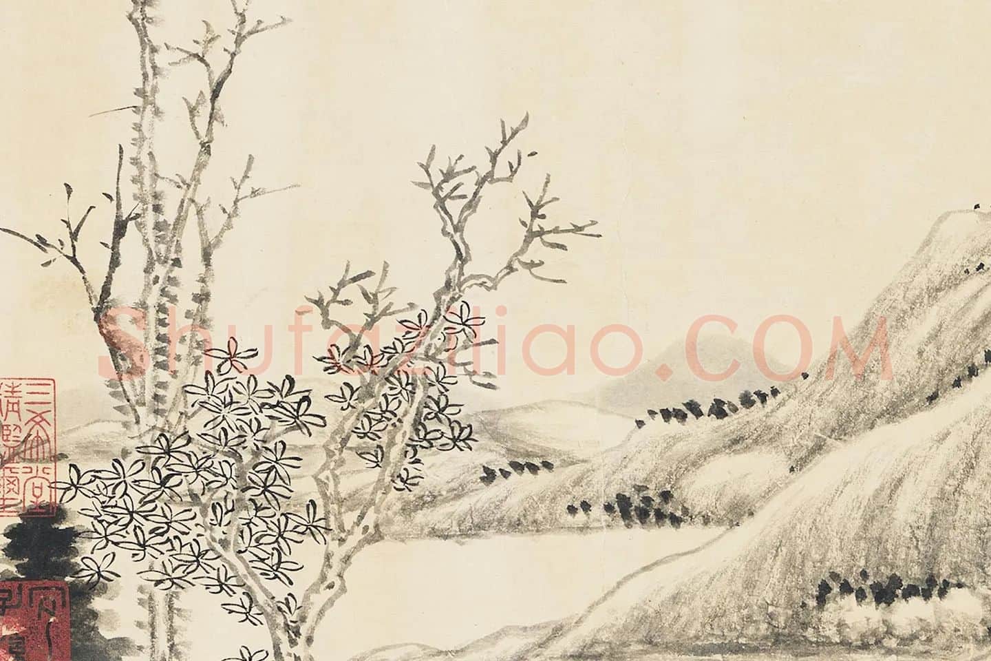 唐岱《仿倪瓒清閟阁图》水墨山水局部 (5)