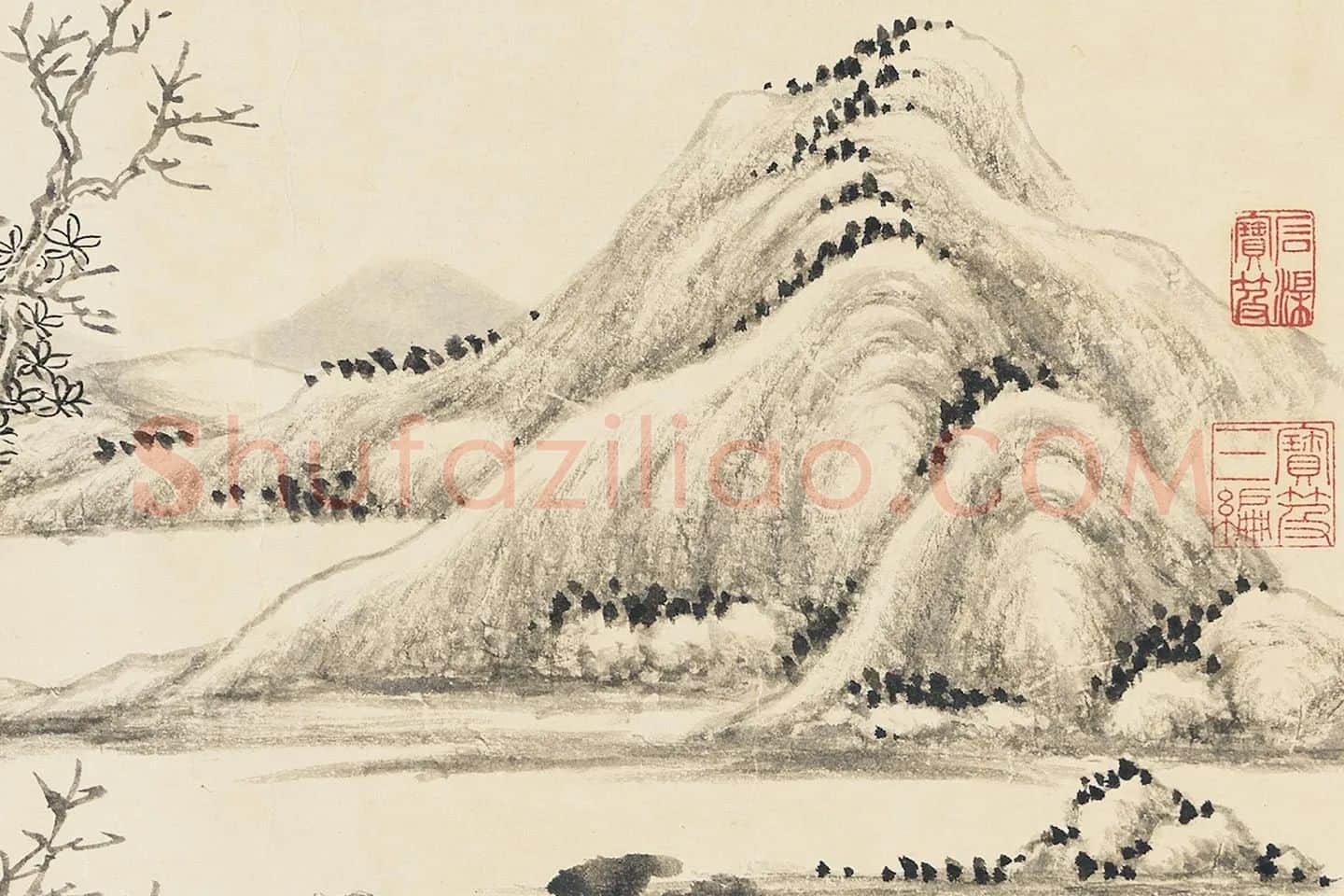 唐岱《仿倪瓒清閟阁图》水墨山水局部 (6)
