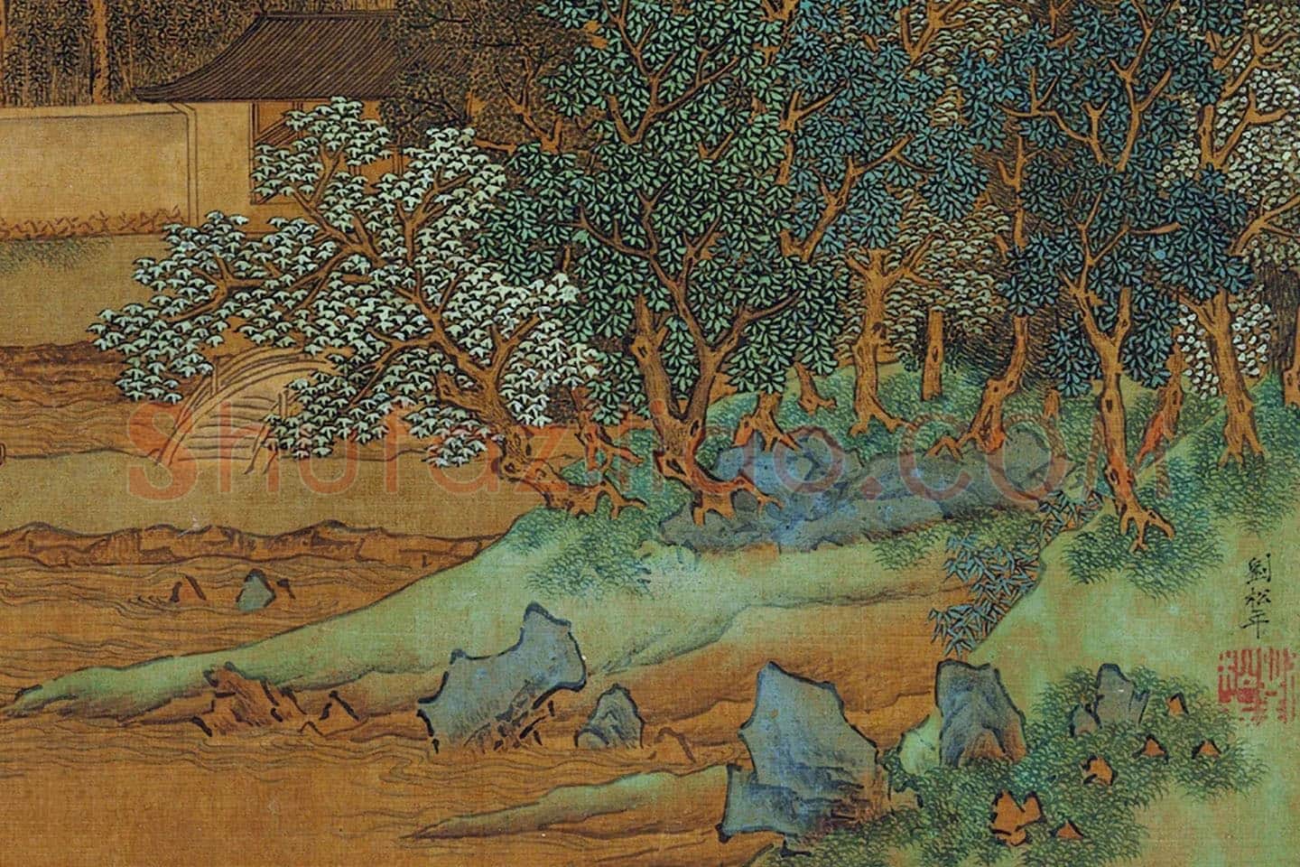 刘松年青绿山水《飞楼观瀑图》局部 (2)