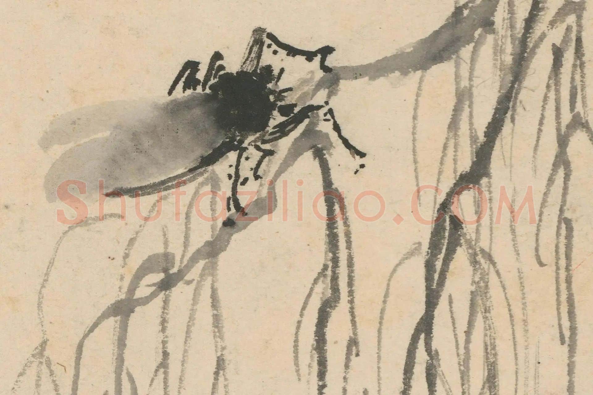 4-沈周《石田卧游册·秋柳鸣蝉图》高清大图局部