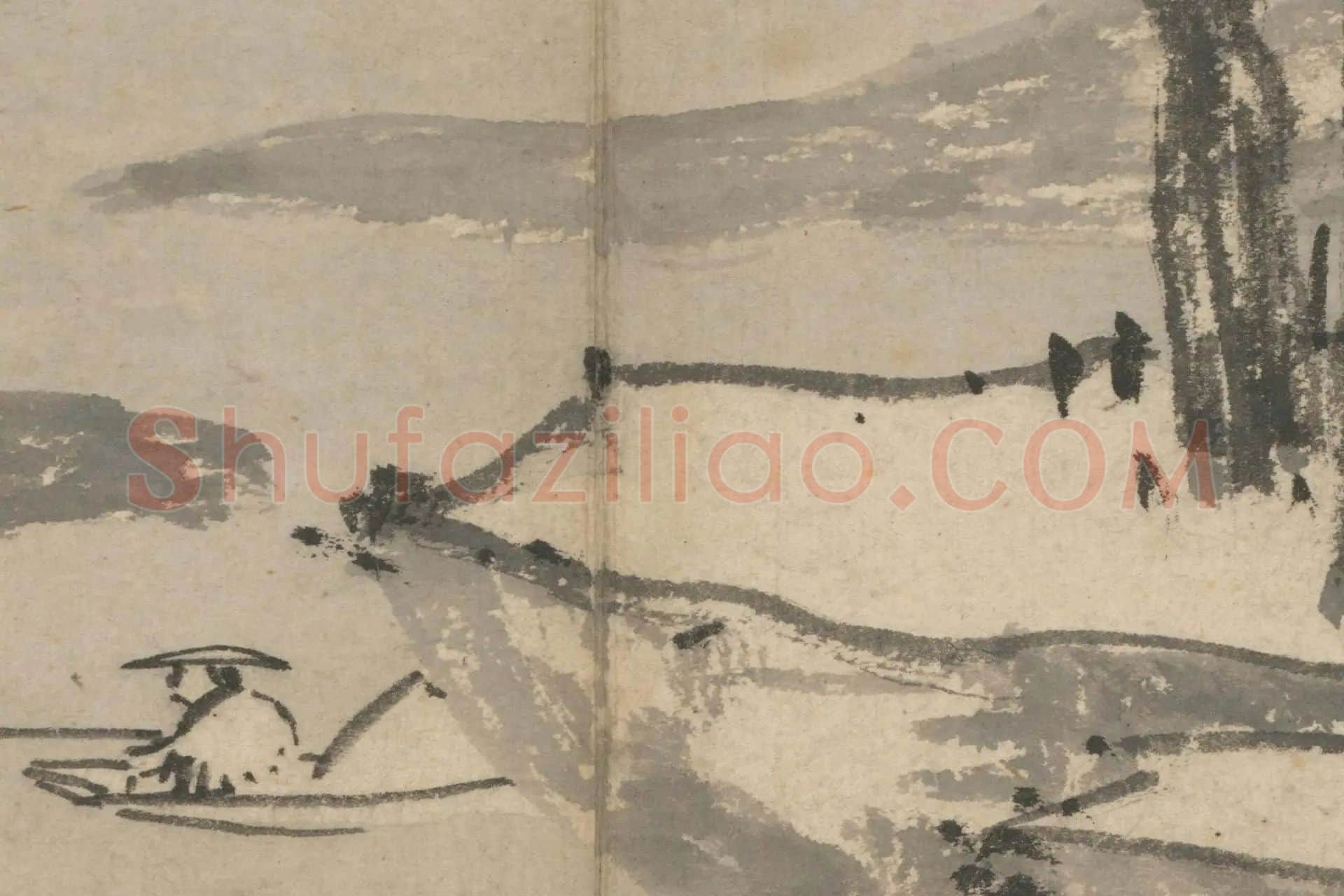 14-沈周《石田卧游册·雪江渔夫图》高清大图局部