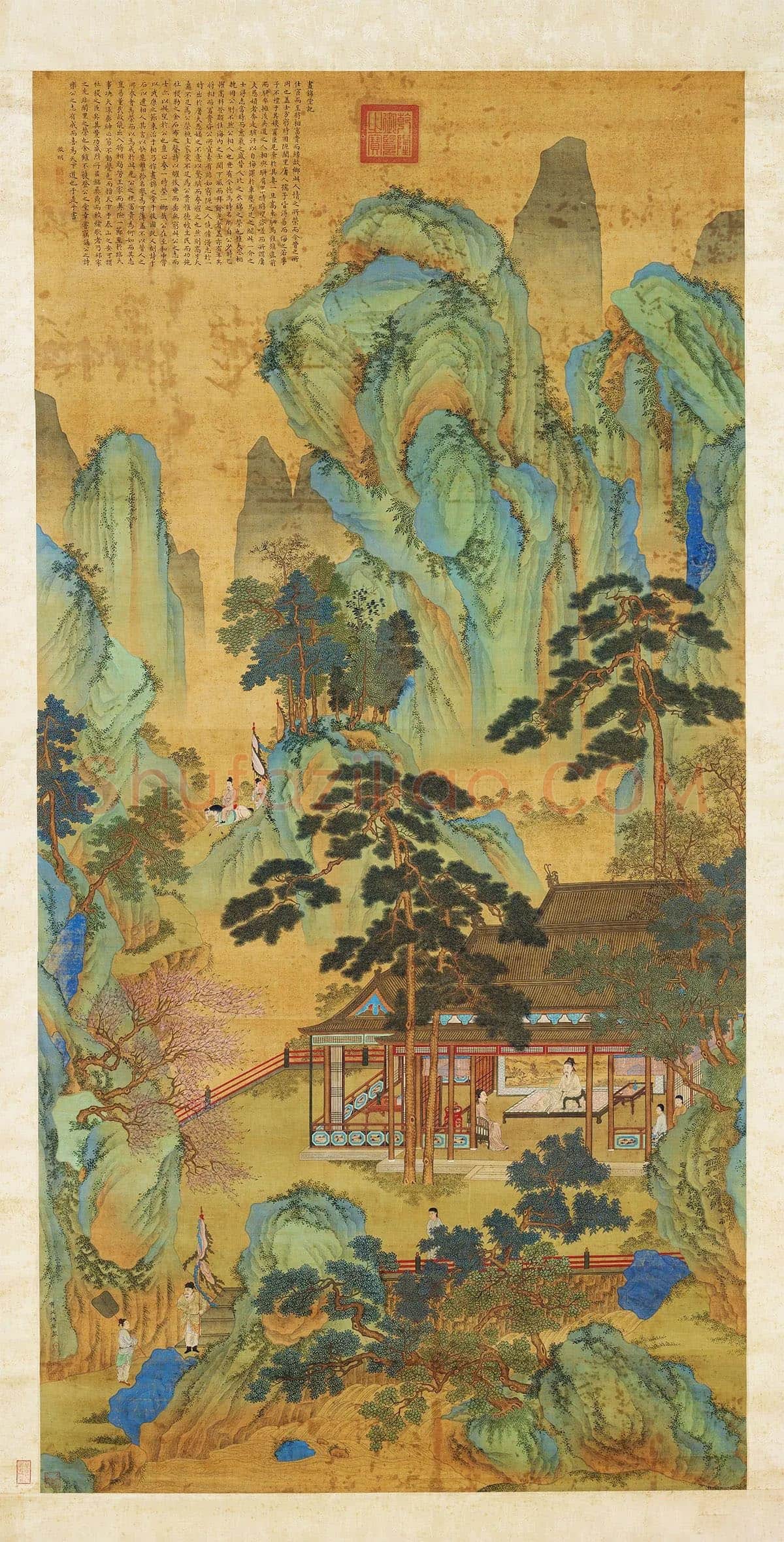 仇英青绿山水人物画《昼锦堂图》轴