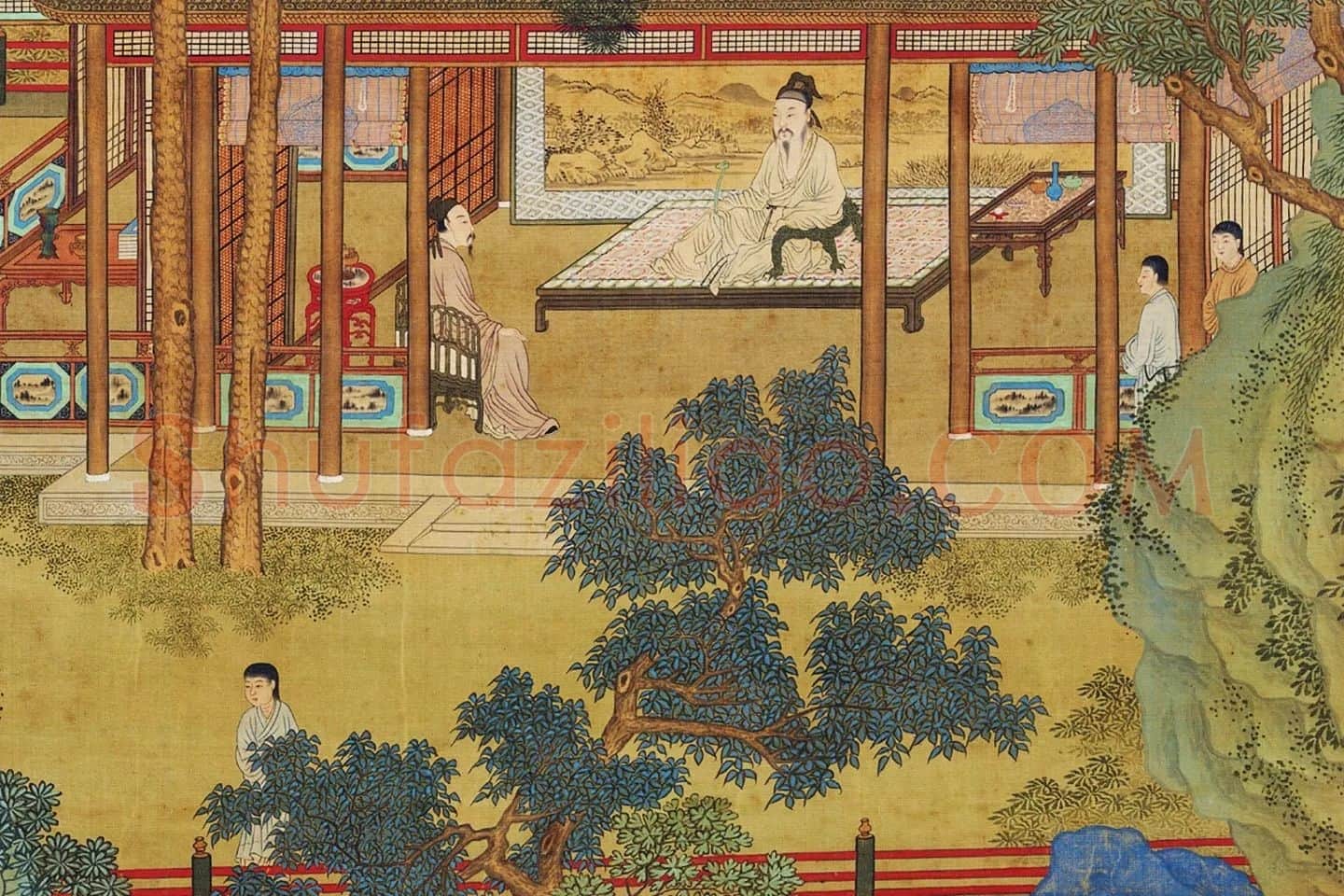 仇英青绿山水人物画《昼锦堂图》局部 (2)