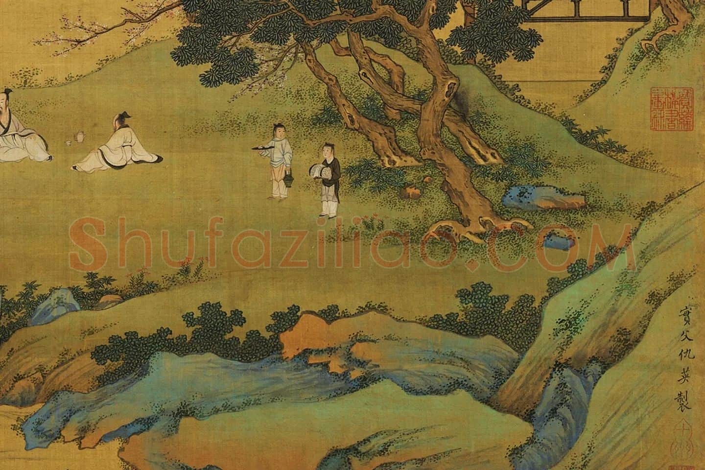 仇英青绿山水《春山吟赏图》局部 (1)