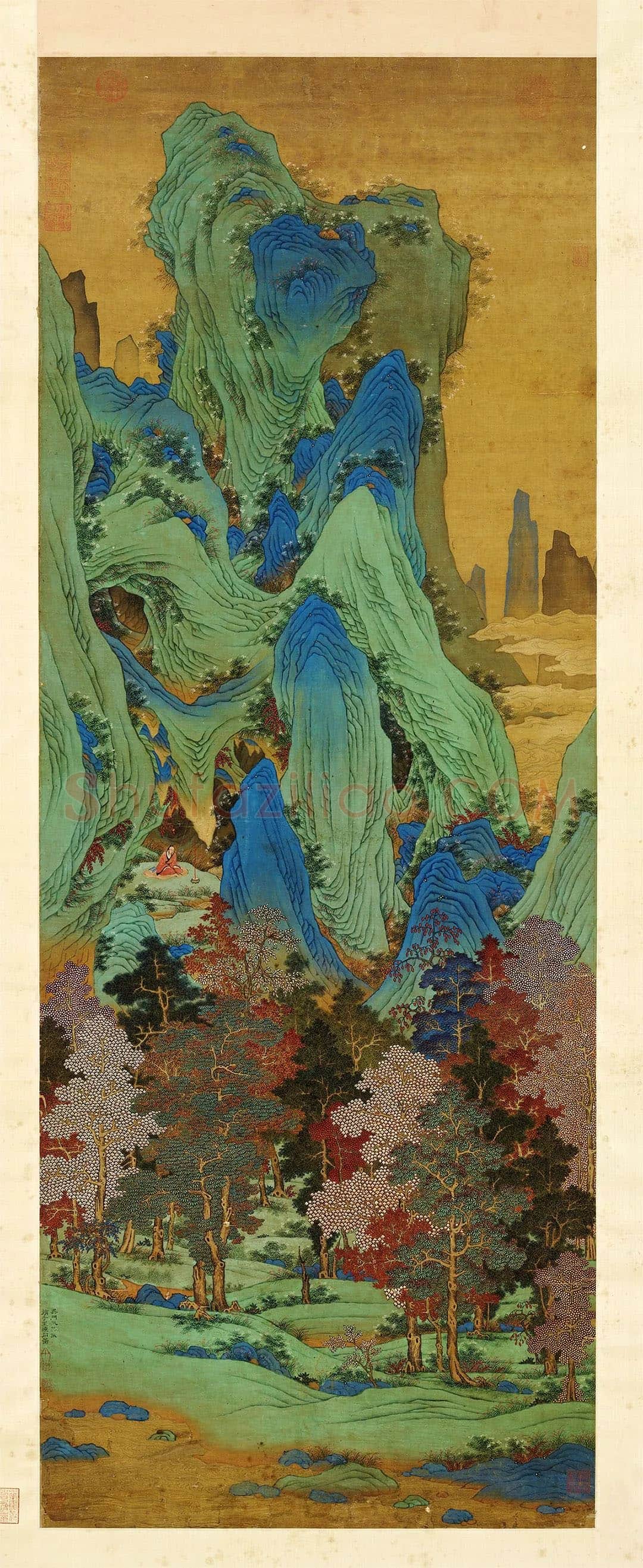 仇英青绿山水《仿赵伯驹炼丹图》轴