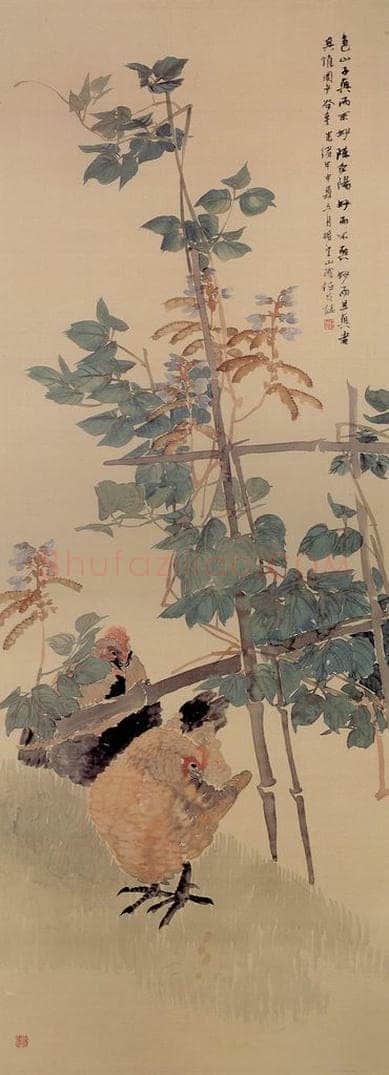清 任颐 《豆架双鸡图》 书画作品