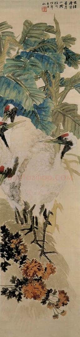 清 任颐 《蕉菊仙鹤图》 书画作品