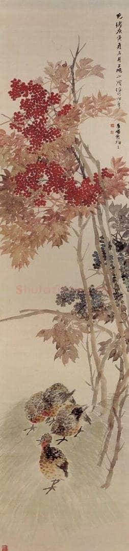 清 任颐 《天竹鹌鹑图》 书画作品
