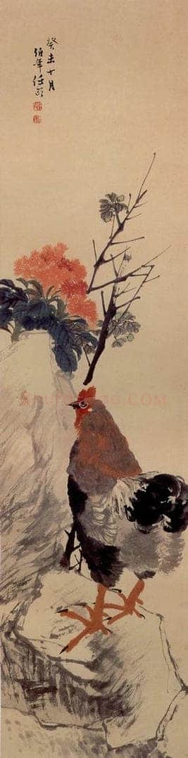 清 任颐 《雄鸡花石图》 书画作品