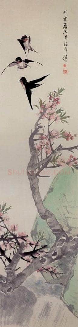 清 任颐 《碧桃春燕图》 书画作品