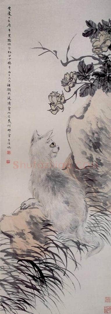 清 任颐 《月季猫石图》 书画作品