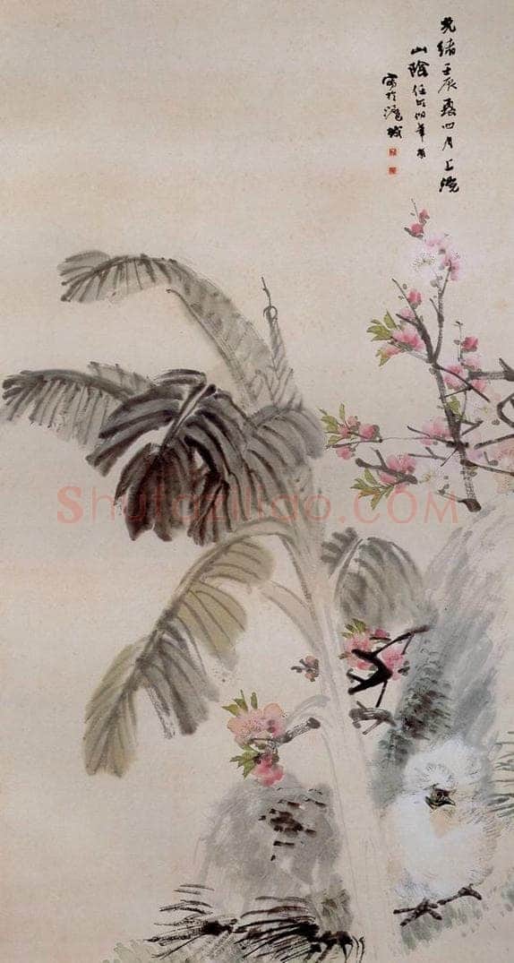 清 任颐 《桃花白鸡图》 书画作品