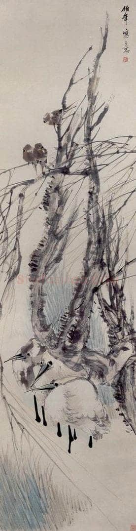 清 任颐 《柳塘鹭雀图》 书画作品
