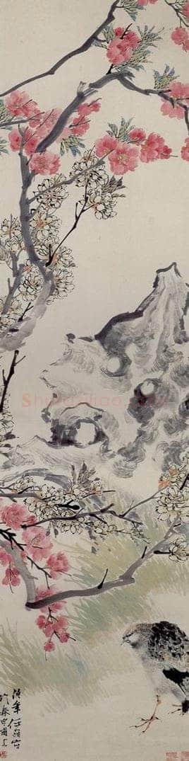 清 任颐 《桃梨鹌鹑图》 书画作品