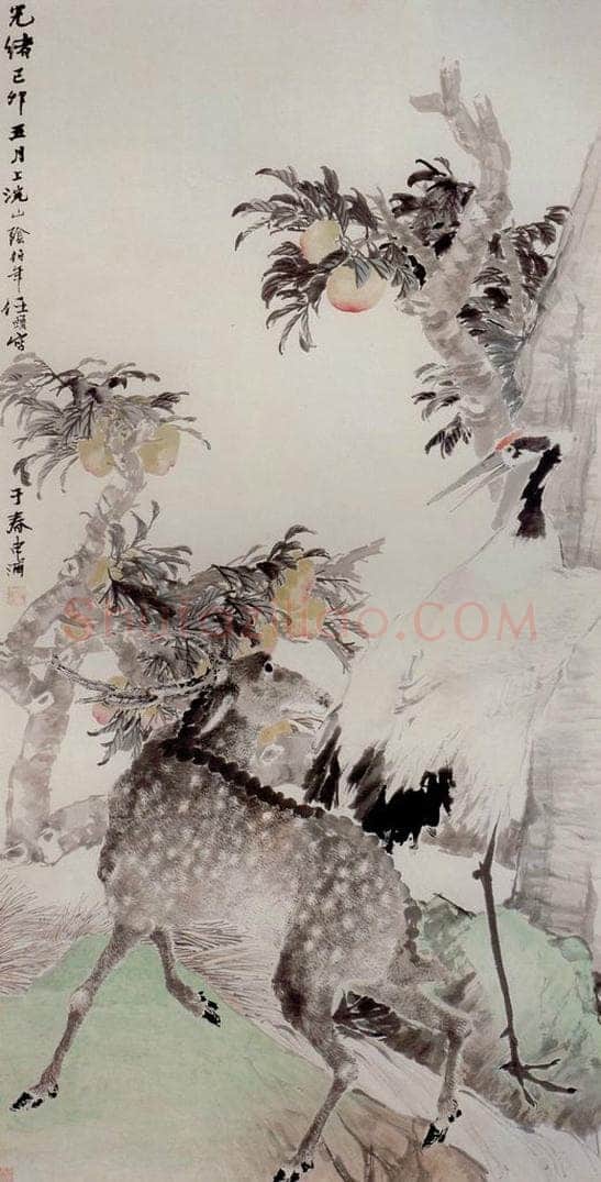 清 任颐 《绥山鹤鹿图》 书画作品