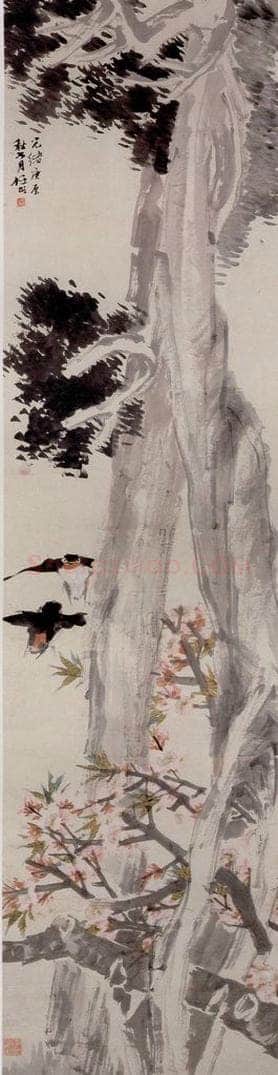 清 任颐 《桃柏双燕图》 书画作品