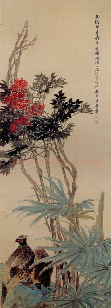 清 任颐 《天竹雉鸡图》 书画作品
