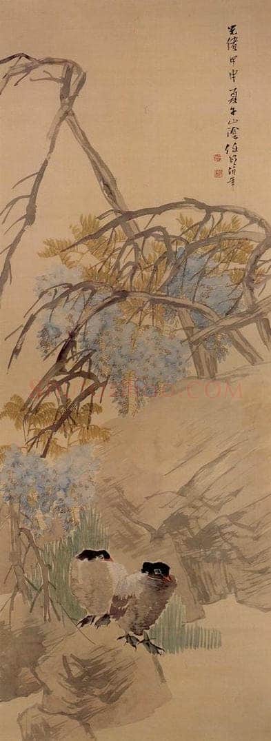 清 任颐 《紫藤双鸟图》 书画作品