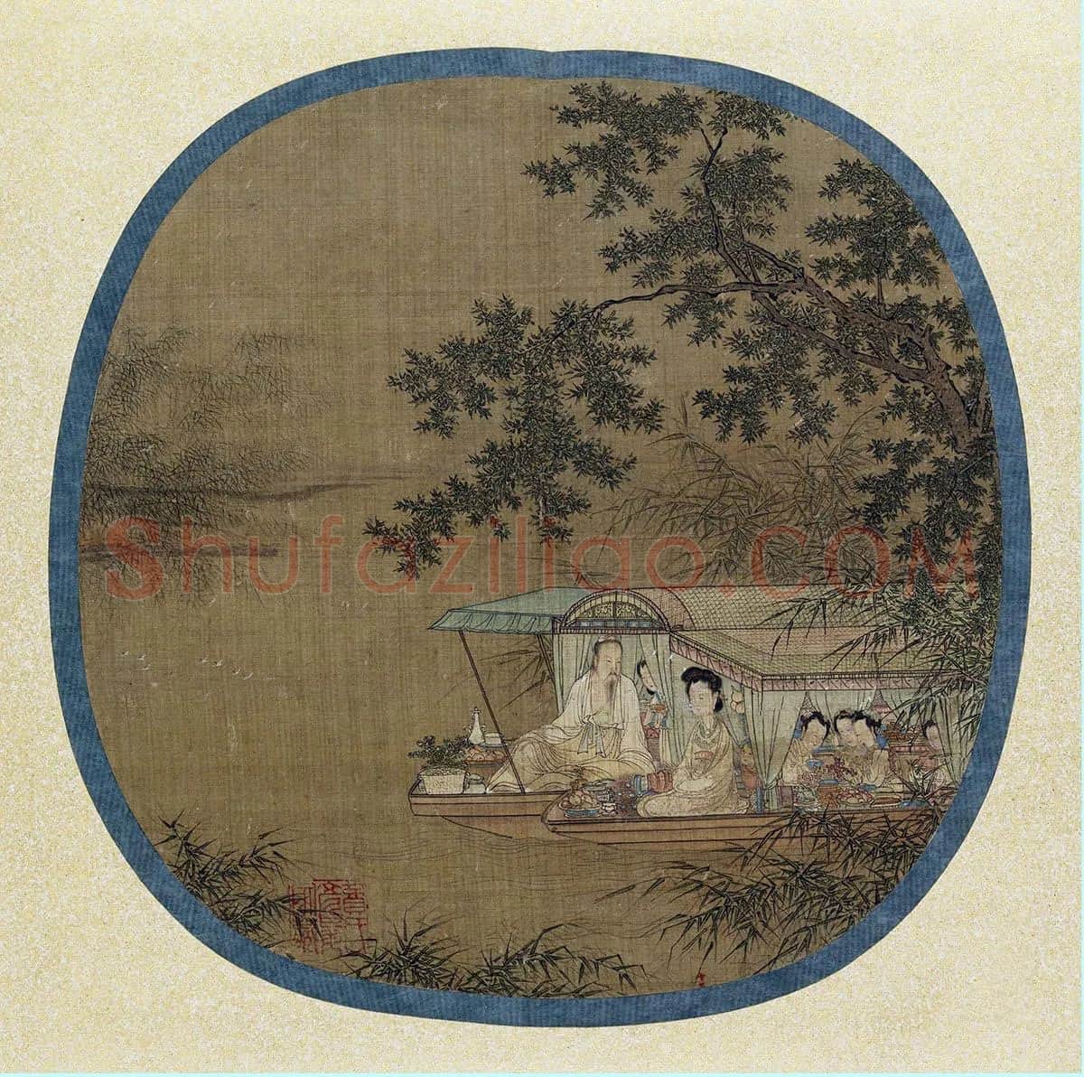 仇英山水人物画《船人形图》又名《船游图》