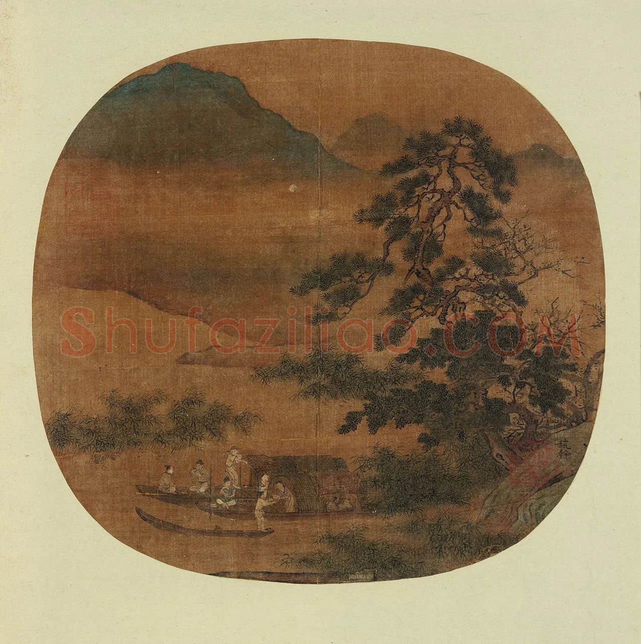 赵干山水人物《芦汀聚舟图》团扇页