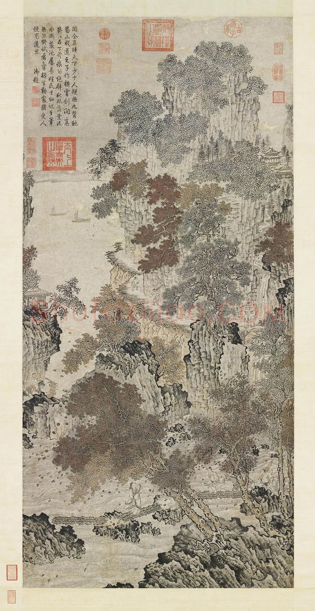 传关仝秋景山水《蜀山栈道图》